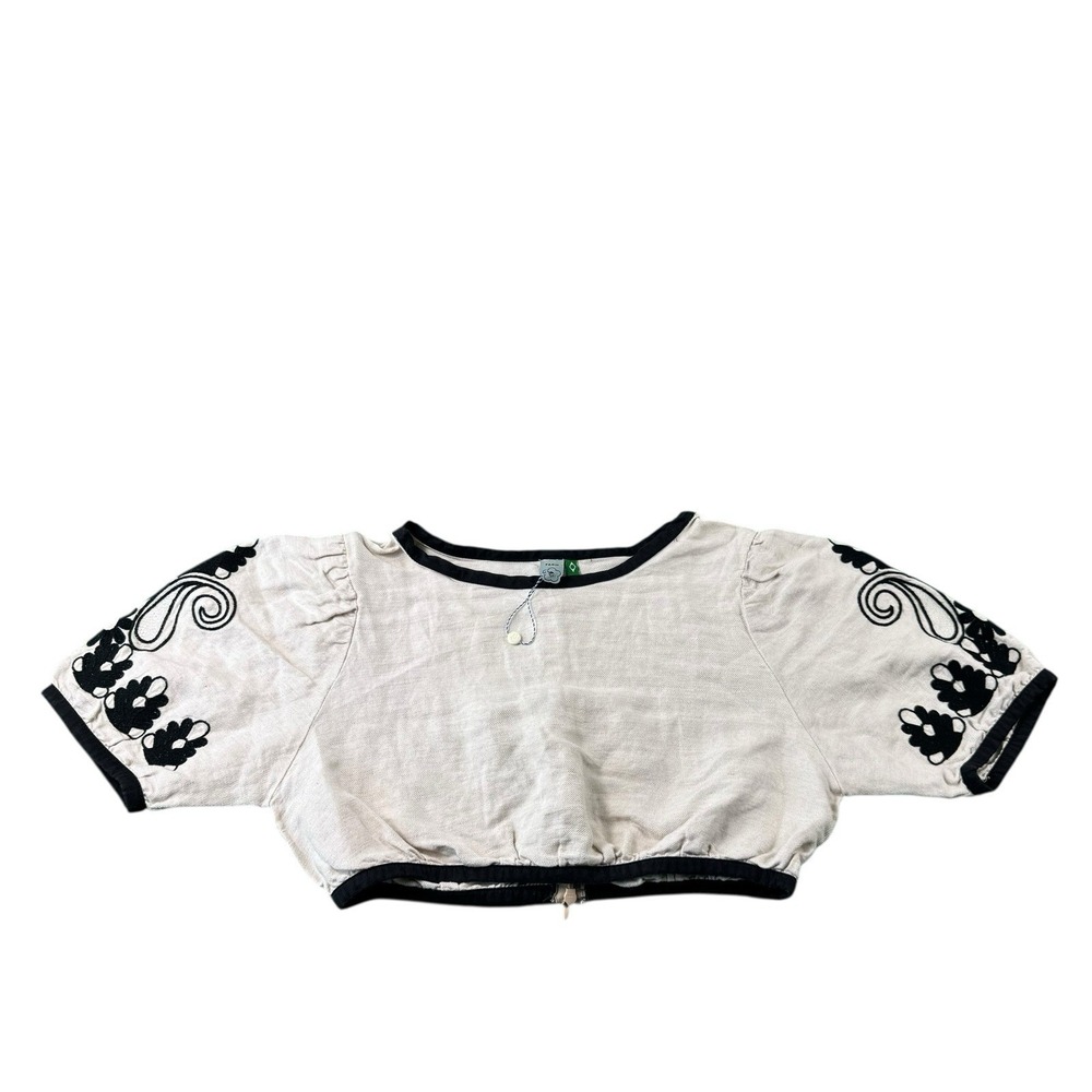 Farm Rio Linen Blend Tan Black Floral Embroidered Cropped Top Size‎ P